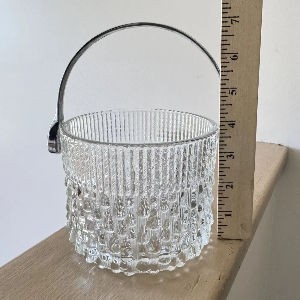 Vintage Teleflora Clear Glass Ice Bucket with Chrome Handle Made in France